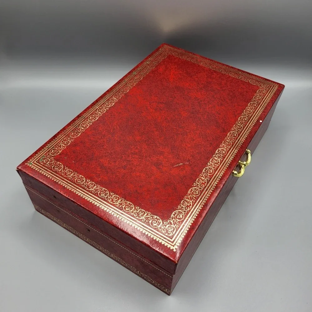 Vintage Mele Jewelry Box Womens Red Tiered Faux Leather Gold Filigree AS IS